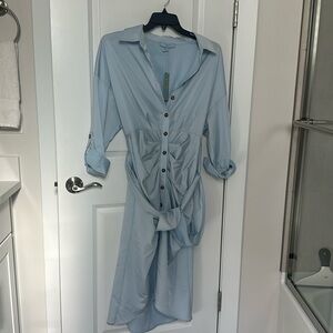Long-sleeve, tie waist, button front shirt dress